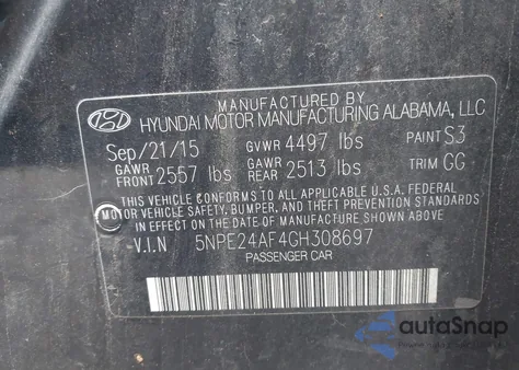 2016 Hyundai Sonata Se z USA, uszkodzony, nr VIN 5NPE24AF4GH308697